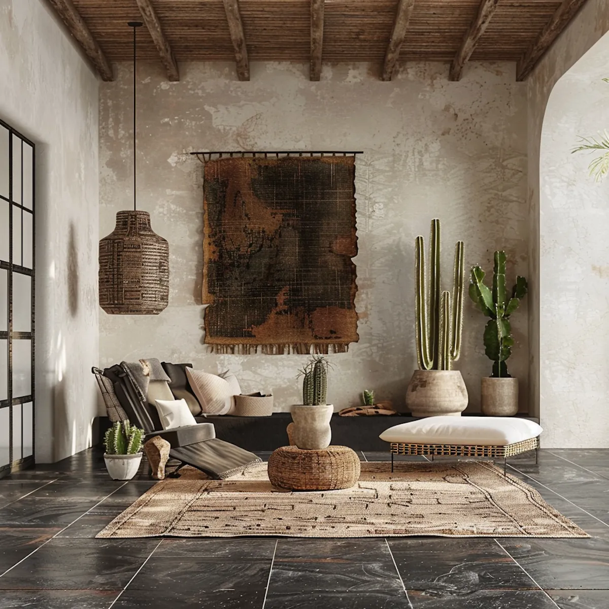 An old living room with timber beams, rough plaster walls and a large woven wall hanging
