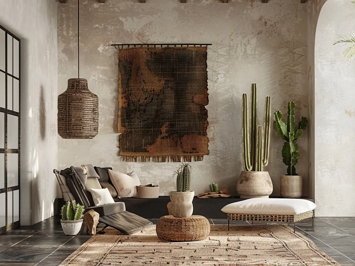 An old living room with timber beams, rough plaster walls and a large woven wall hanging