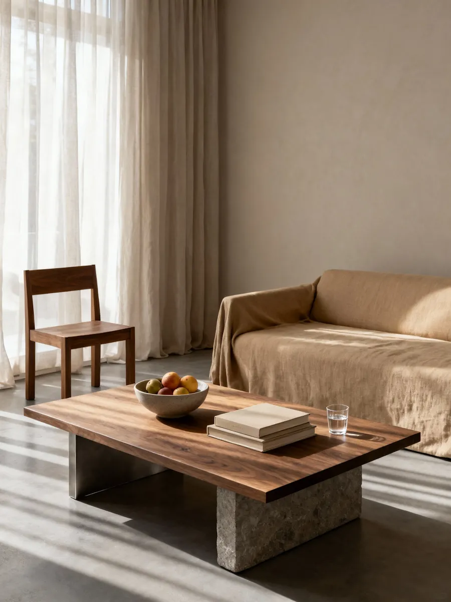 A low walnut coffee table on stone blocks in front of a linen sofa, lit by low sun through sheer curtains