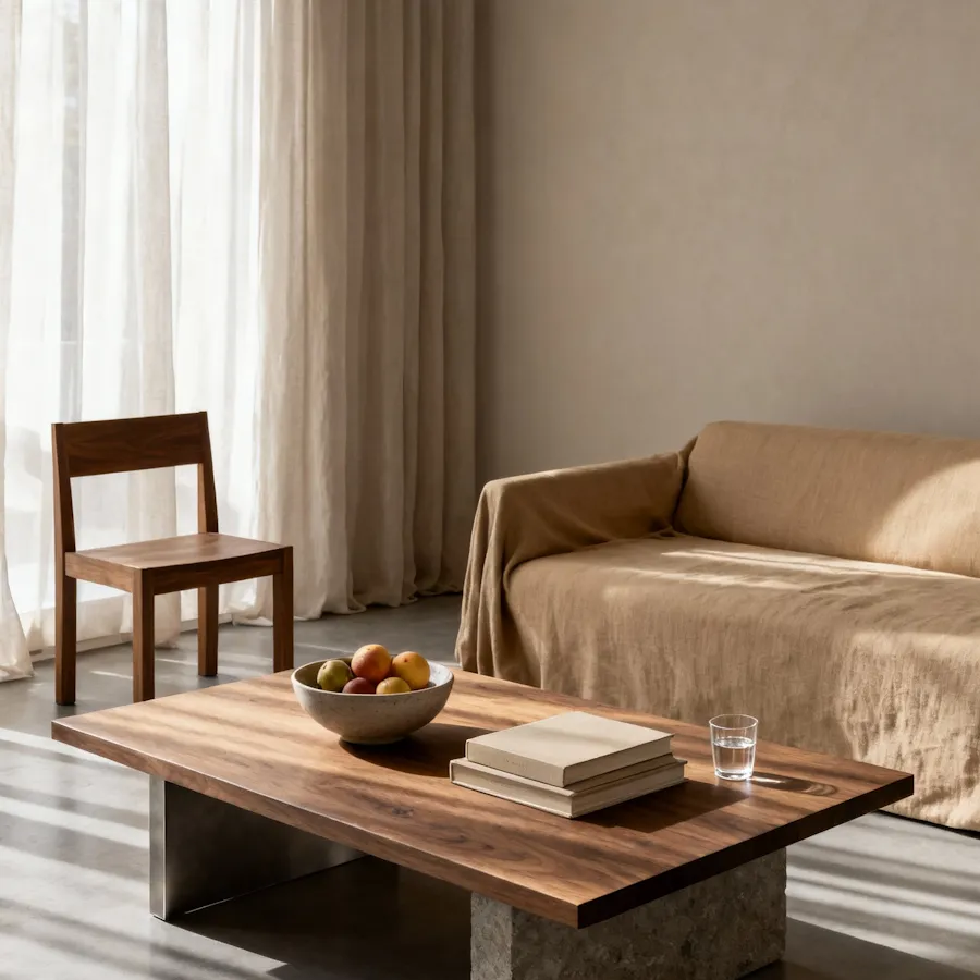 A low walnut coffee table on stone blocks in front of a linen sofa, lit by low sun through sheer curtains