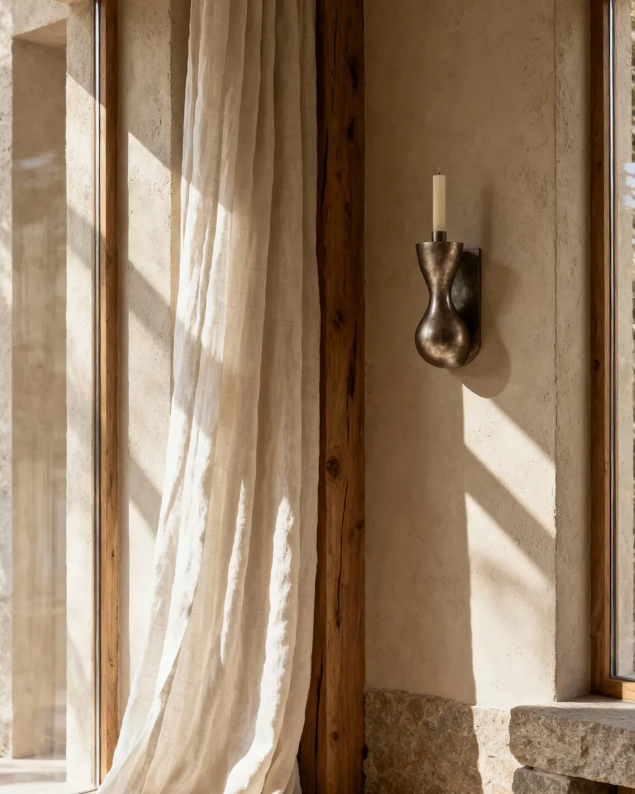 Linen curtain and a bronze wall sconce beside a deep wooden window frame