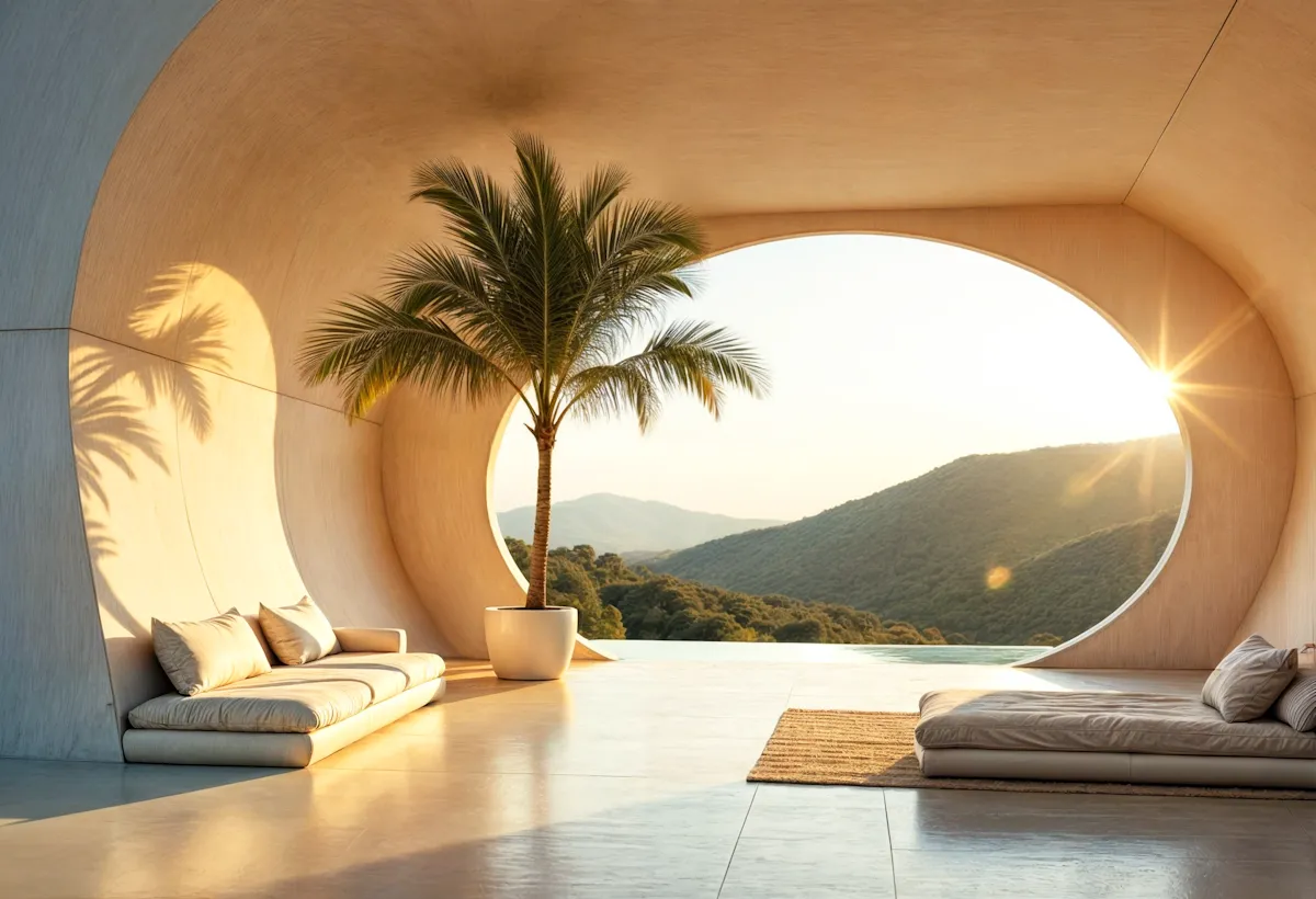 A lounge with built-in sofas under a wide arched opening onto a hillside garden