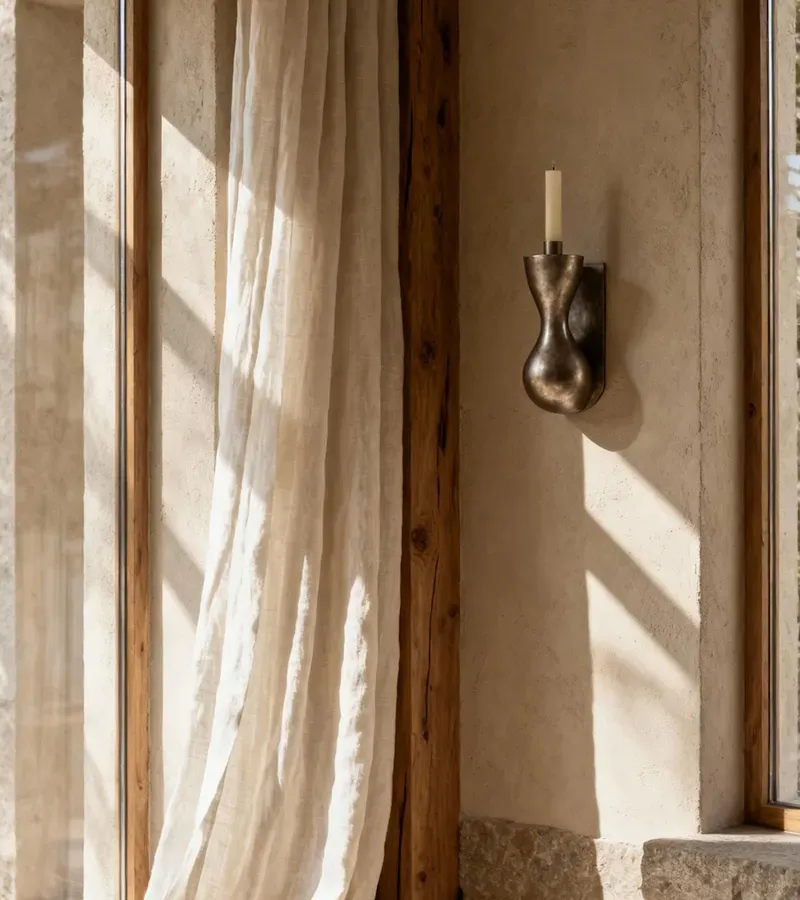 A lime plastered wall with a bronze candle sconce beside a linen curtain and a deep wooden window frame