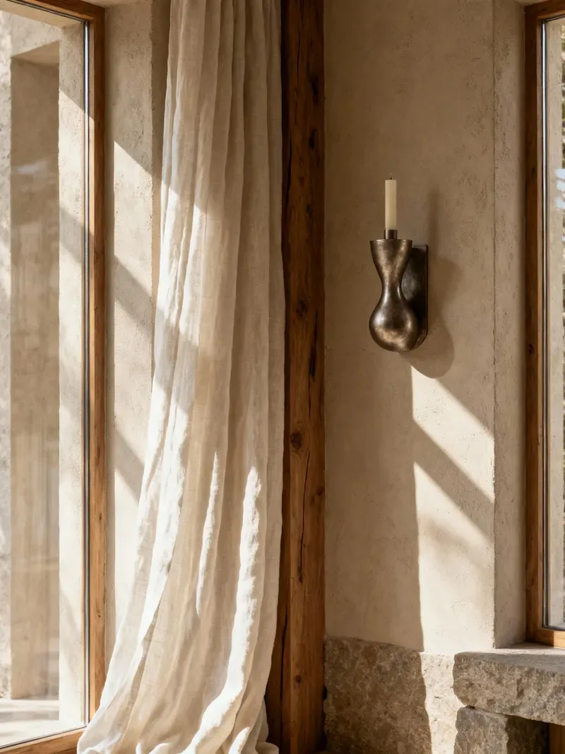A lime plastered wall with a bronze candle sconce beside a linen curtain and a deep wooden window frame