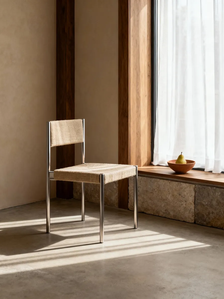 Wooden chair with a woven seat next to a stone window bench in low sun