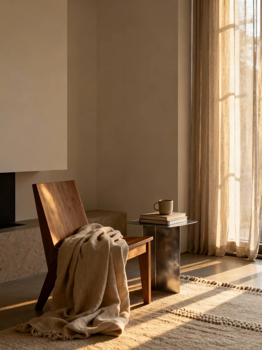 Wooden lounge chair with a wool throw beside a stone side table and linen curtains