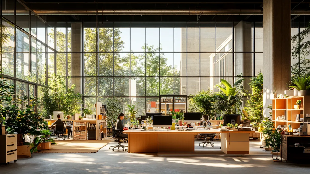 A bright open office with tall windows, wooden desks and plenty of plants