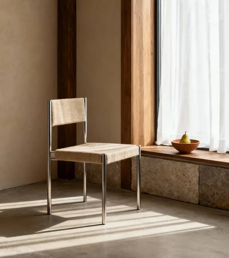 A steel dining chair with a woven paper cord seat next to a stone window bench with a bowl and a pear