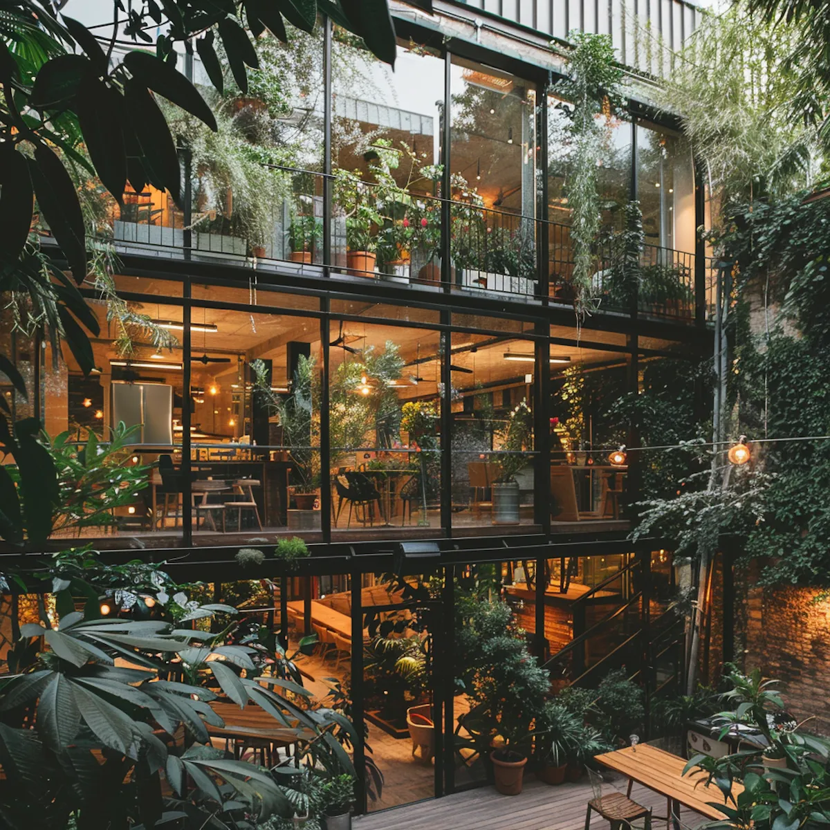 A glass-fronted restaurant building wrapped in climbing plants and warm evening light