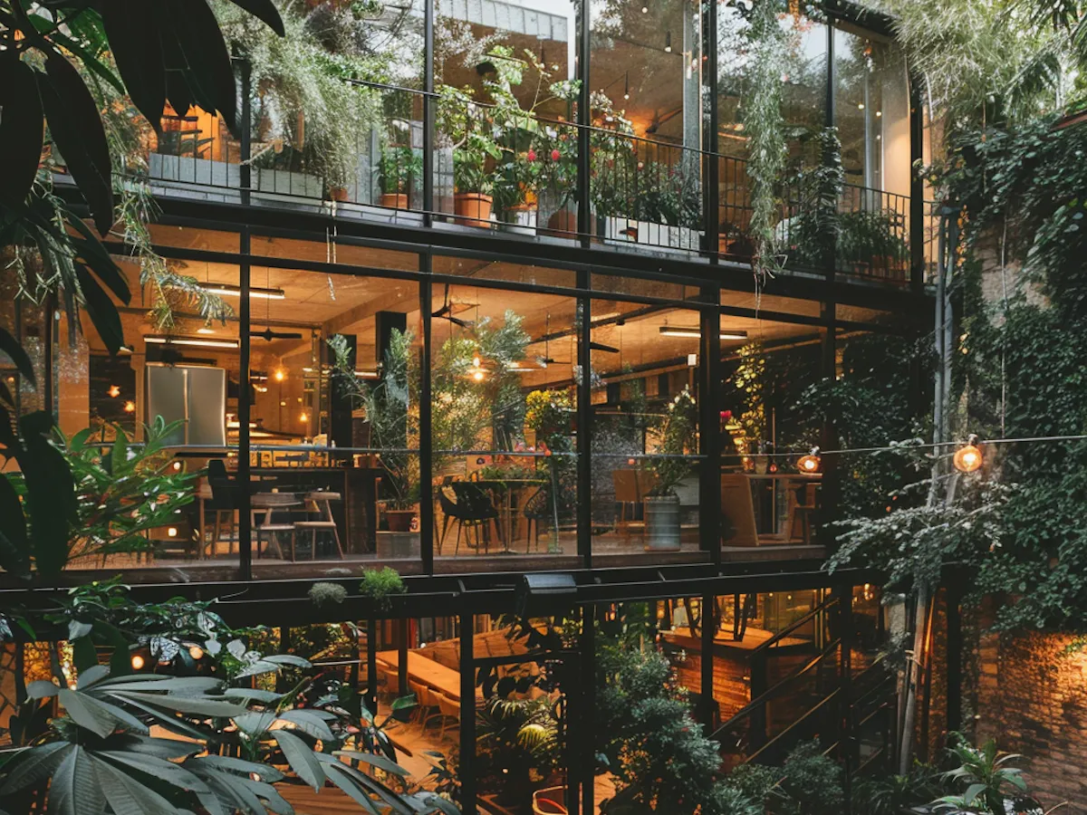 A glass-fronted restaurant building wrapped in climbing plants and warm evening light