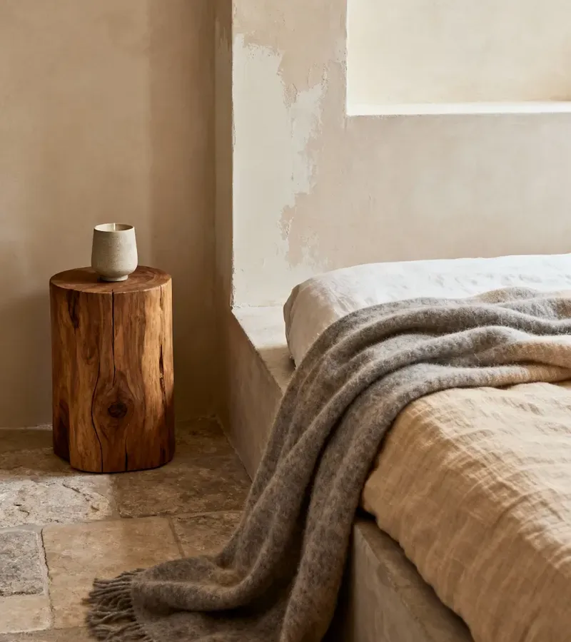 A bed with a grey wool throw beside a tree trunk side table, in front of an old plaster wall with patches of exposed layers