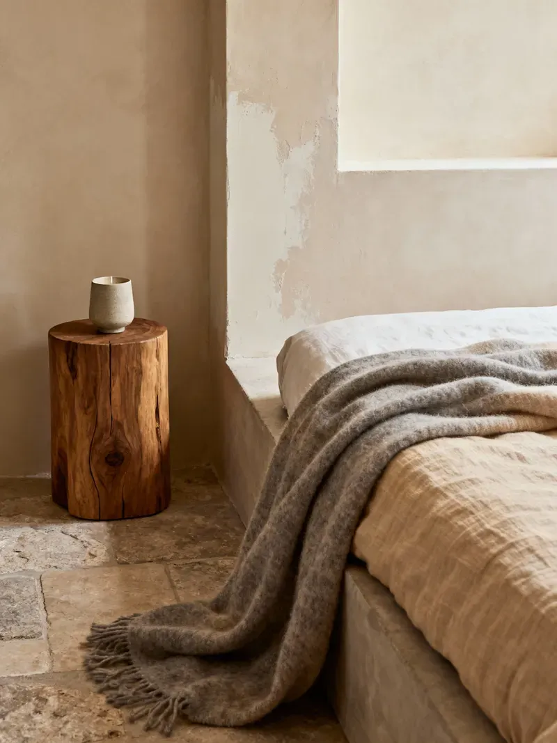 A bed with a grey wool throw beside a tree trunk side table, in front of an old plaster wall with patches of exposed layers