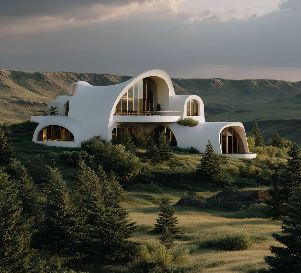 A curved white house set in a wide green valley under an evening sky