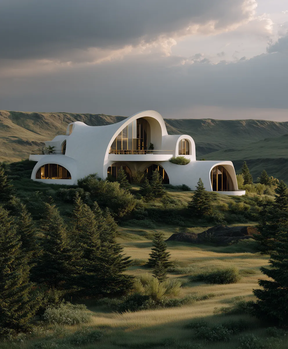 A curved white house set in a wide green valley under an evening sky