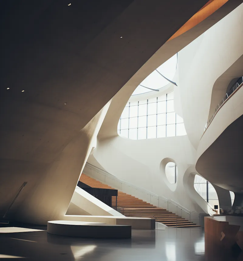 Curved white foyer with a sweeping staircase, round windows and warm light from above