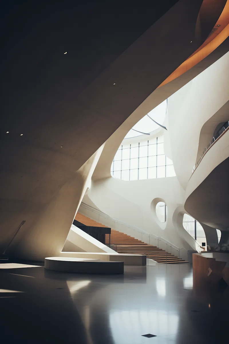 Curved white foyer with a sweeping staircase, round windows and warm light from above