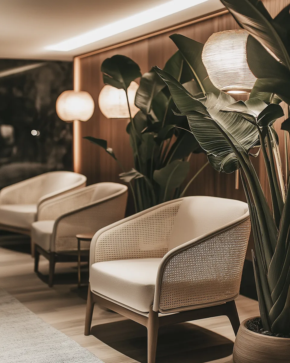 Lounge with rattan armchairs, paper lanterns and large plants against a wooden wall