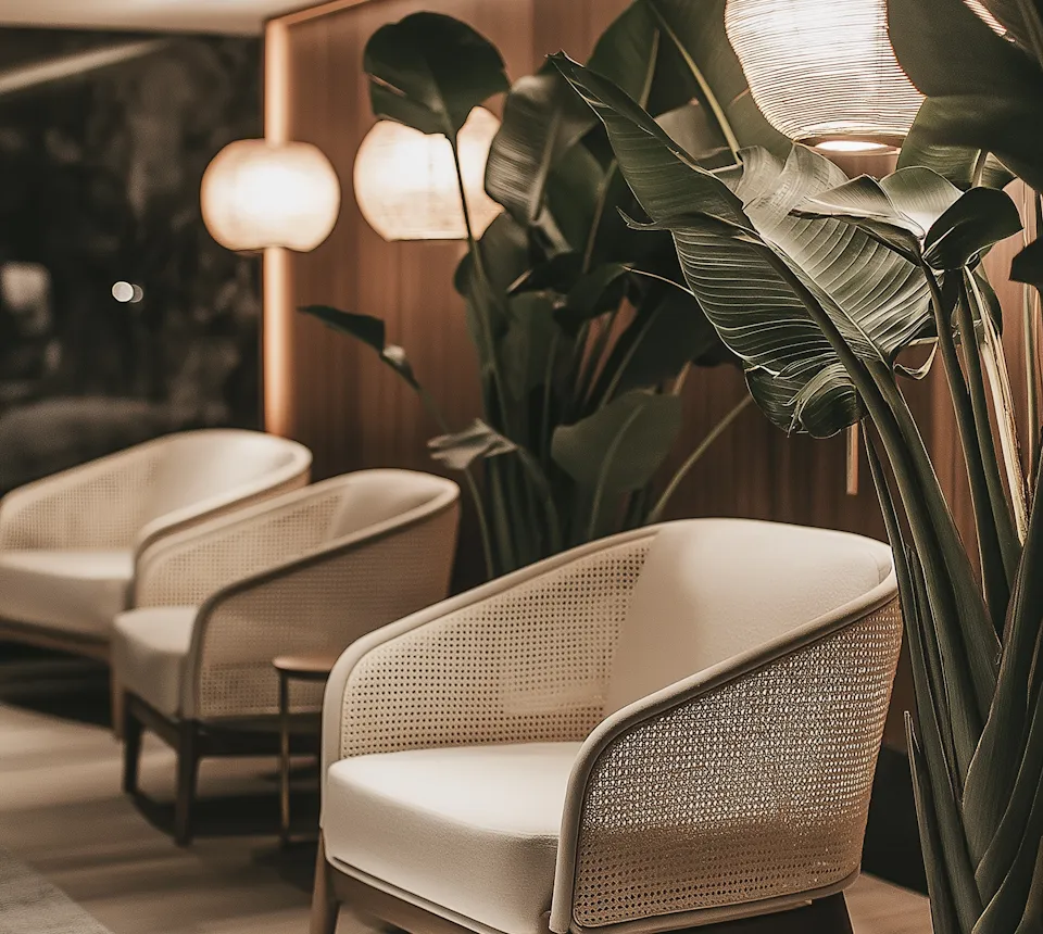 Lounge with rattan armchairs, paper lanterns and large plants against a wooden wall