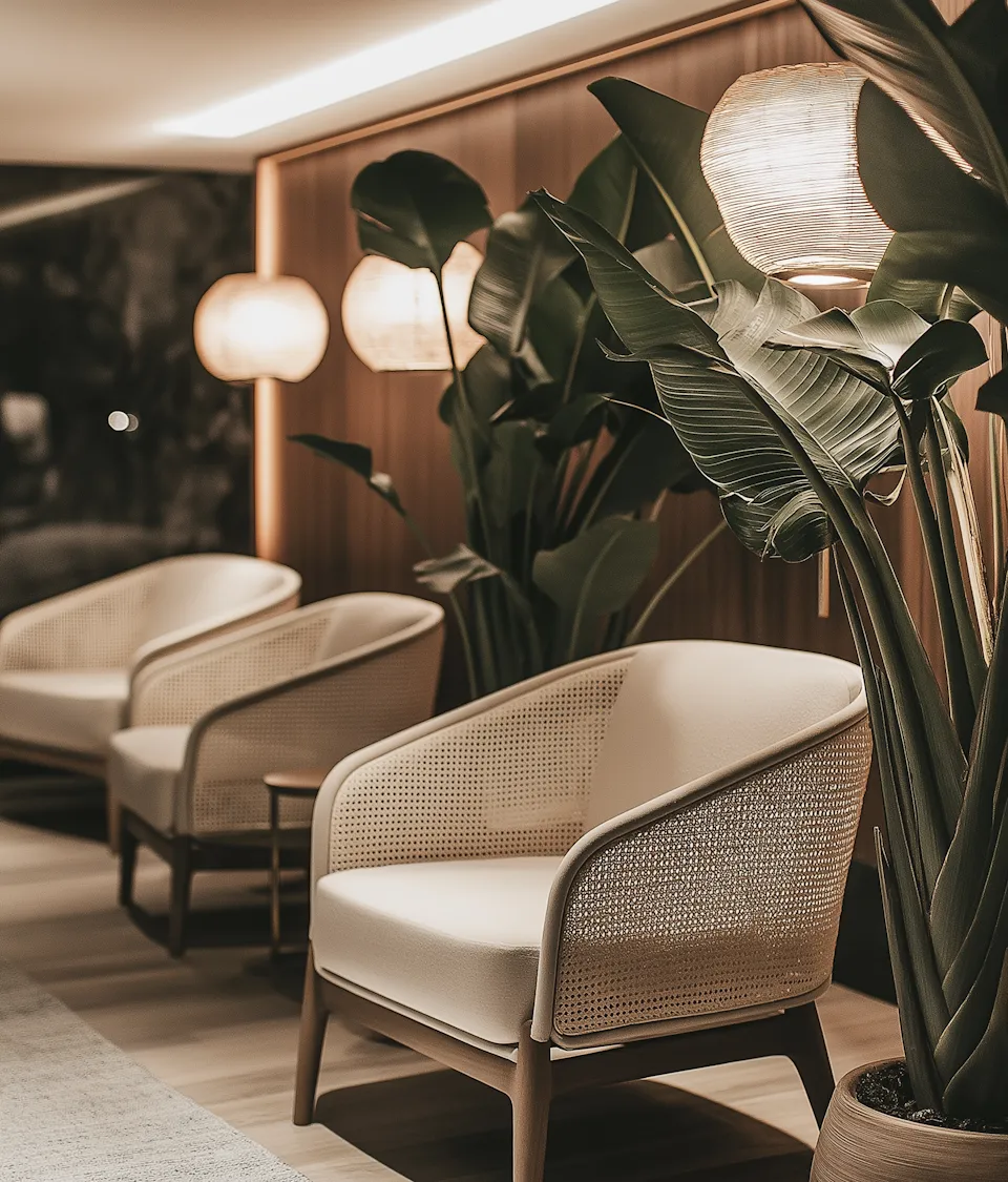 Lounge with rattan armchairs, paper lanterns and large plants against a wooden wall