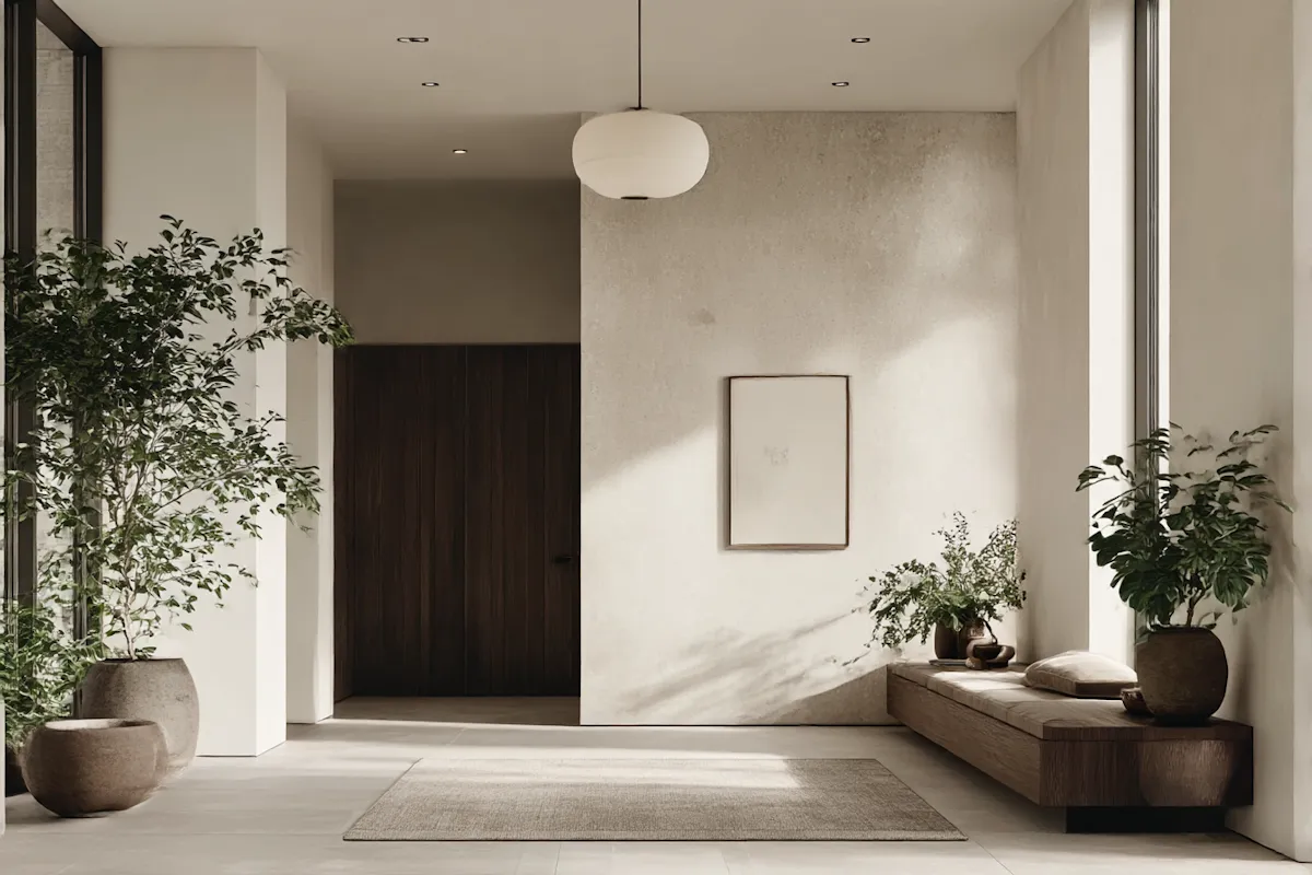 Bright entrance hall with a dark wooden door, a paper pendant and a low oak bench