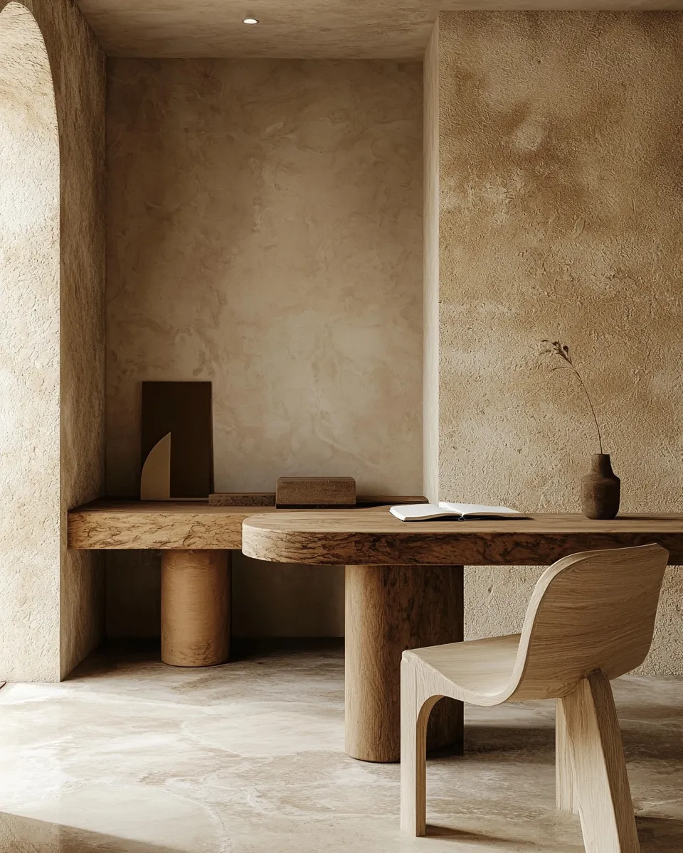 Plastered study with a solid wood desk on round legs, a curved chair and a stone floor
