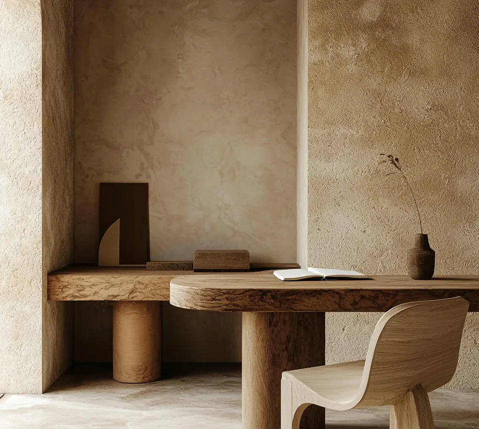 Plastered study with a solid wood desk on round legs, a curved chair and a stone floor