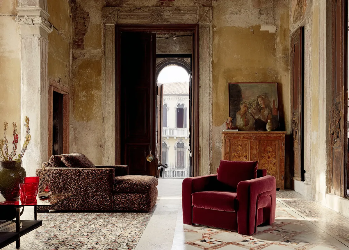 High-ceilinged palazzo room with worn plaster walls, a red velvet armchair and a patterned sofa