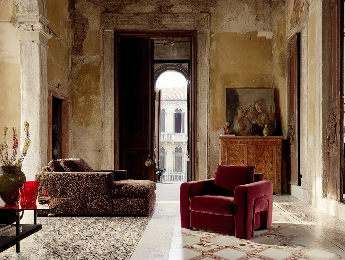 High-ceilinged palazzo room with worn plaster walls, a red velvet armchair and a patterned sofa