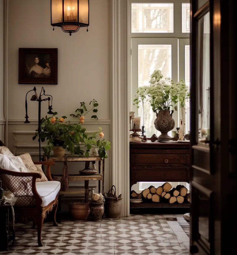 Living room with a patterned tile floor, a brass lantern, stacked firewood and tall windows