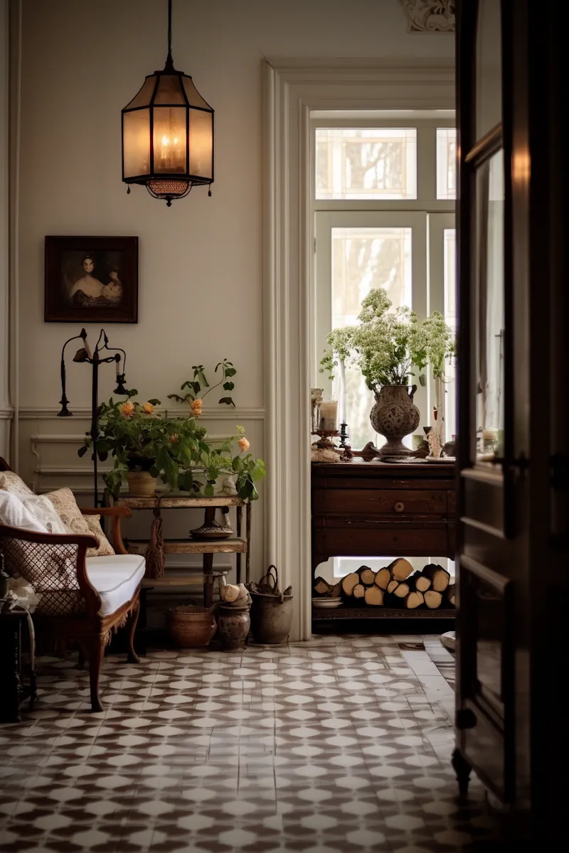 Living room with a patterned tile floor, a brass lantern, stacked firewood and tall windows